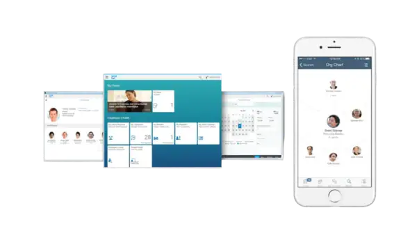 SAP HCM na ekranach: telefon z wykresem organizacyjnym, komputer z panelem pracownika i kalendarzem.