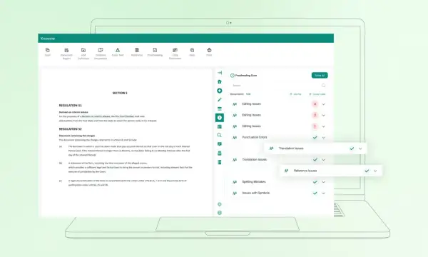 Interfejs programu do zarządzania bazami danych, pokazujący listę dokumentów i wykrytych błędów, takich jak literówki czy problemy z tłumaczeniem.