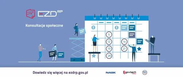 Grafika ilustruje konsultacje społeczne jako element rozwiązań dla administracji publicznej. Ludzie współpracują przy kalendarzu, planując działania.