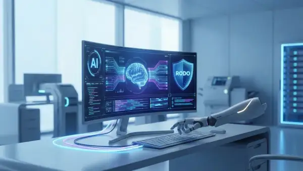Cyberbezpieczeństwo w erze AI: robotowa ręka pisze kod, na ekranie mózg i tarcza RODO.