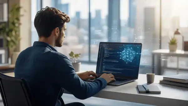 Młody junior .NET developer pracuje przy laptopie, kodując w nowoczesnym biurze z widokiem na miasto.