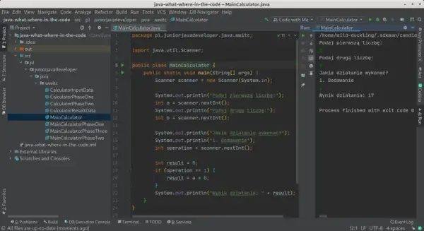 Kod w języku Java EE 8, który implementuje prosty kalkulator. Program prosi o podanie dwóch liczb i wybór działania (dodawanie), a następnie wyświetla wynik.