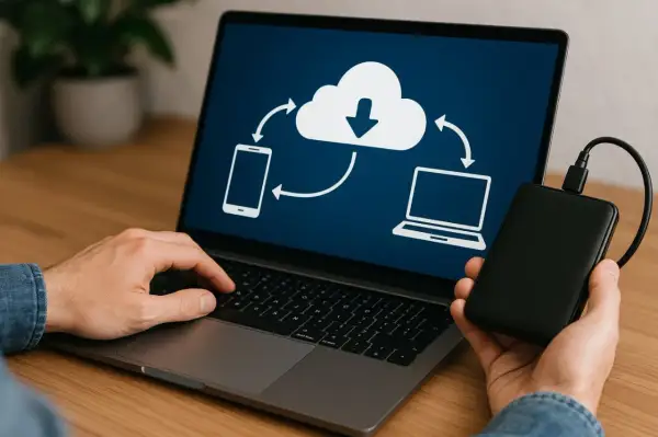 Ręce użytkownika obsługują laptop, na ekranie którego widnieje schemat chmury z ikonami telefonu i komputera, symbolizujący migrację danych.