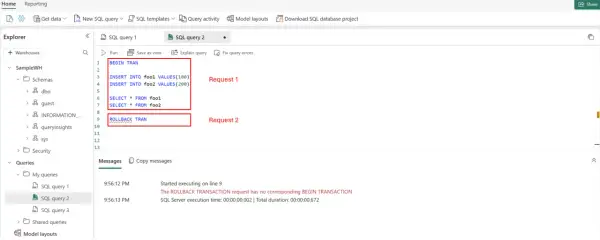 Kod SQL z transakcją, która próbuje wycofać zmiany bez ich rozpoczęcia. To przykład, jak nie używać common table expression.