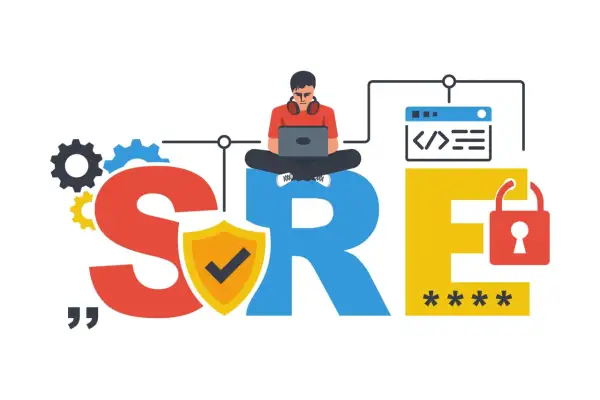 SRE engineer pracuje nad bezpieczeństwem i wydajnością systemów, symbolizowanymi przez koła zębate, tarczę i kłódkę.
