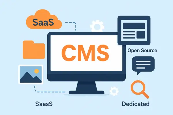 Grafika przedstawia komputer z napisem CMS, otoczony ikonami symbolizującymi różne opcje: SaaS, Open Source i Dedicated.