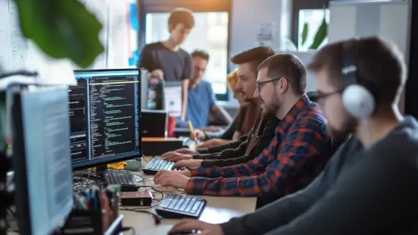 Zespół programistów pracuje nad oprogramowaniem business intelligence. Analiza danych i kodowanie na monitorach.