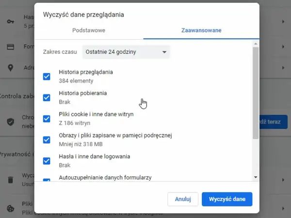 Okienko "Wyczyść dane przeglądania" w przeglądarce. Zaznaczone opcje: historia przeglądania, pliki cookie, obrazy i pliki podręczne, hasła. To może pomóc w walce z **hijackware co to** jest.