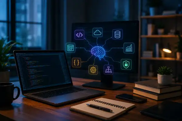 Na biurku nocą, obok laptopa z kodem, monitor wyświetla schemat mózgu połączony z ikonami: kod, chmura, baza danych, wykres, bezpieczeństwo, procesy. Wybór między java czy python?