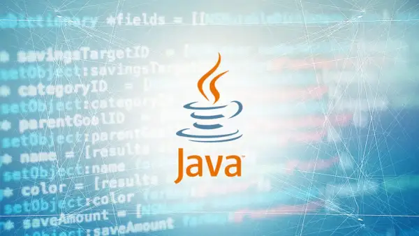Logo Java na tle kodu i sieci neuronowych. Nowoczesne technologie programowania w Java 8.