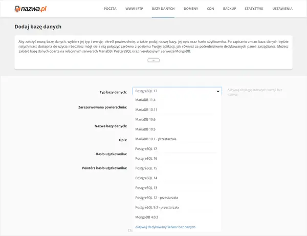 Dodawanie bazy danych. Wybierasz typ, np. PostgreSQL, wersję i konfigurujesz.