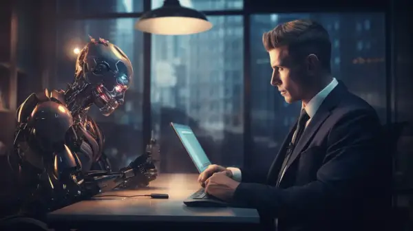 Mężczyzna w garniturze pracuje przy laptopie, obok niego siedzi zaawansowany robot. Czy to przyszłość programowania w java 18?