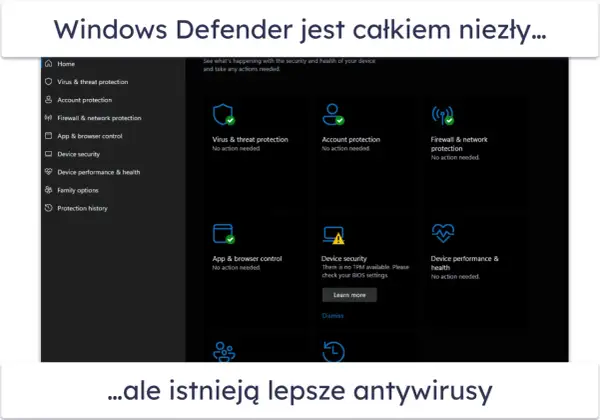 Interfejs Windows Defender, który działa jak darmowy skaner antywirusowy, pokazuje brak zagrożeń.