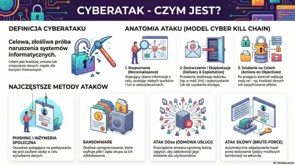 Grafika wyjaśnia, czym jest cyberatak, jego anatomię i najczęstsze metody, takie jak phishing, ransomware, DDoS i atak siłowy.