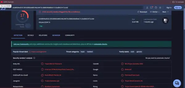 Plik zidentyfikowany jako trojan, hacktool, crack. 17/61 sprzedawców bezpieczeństwa oznaczyło go jako złośliwy.