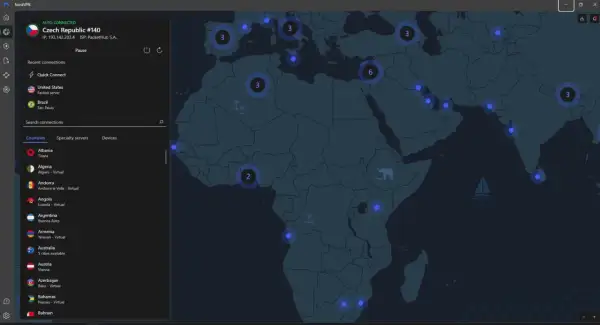 Interfejs NordVPN pokazuje mapę świata z zaznaczonymi serwerami. Po lewej stronie lista krajów, np. Albania, Algieria. To pokazuje, nordvpn co to.
