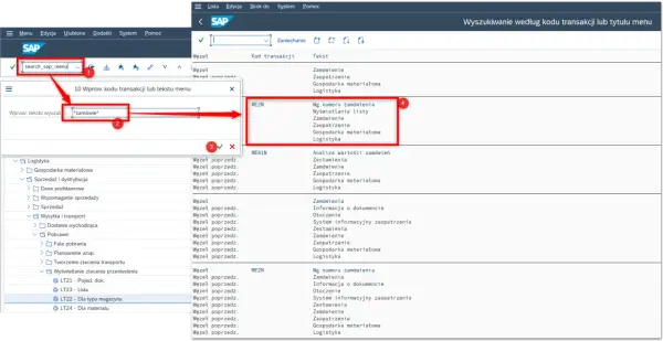 Wyszukiwanie transakcji finansowych SAP. Wpisano "*zamówie*", wyświetlono transakcje ME2N i ME81N związane z zamówieniami.