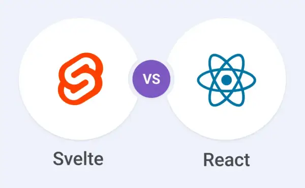 Porównanie Svelte vs React: ikony obu technologii webowych obok siebie, z napisem "VS" pośrodku.