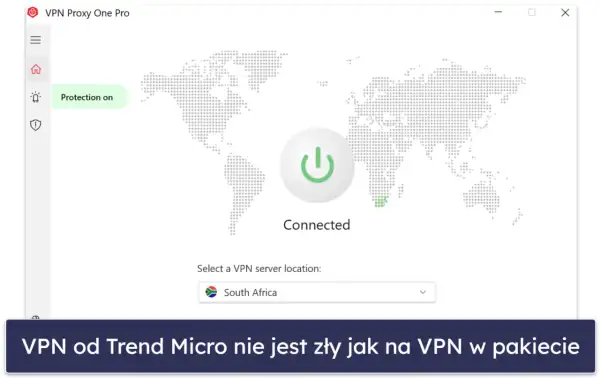 Interfejs VPN od Trend Micro z mapą świata, przyciskiem połączenia i zaznaczonym serwerem w RPA.