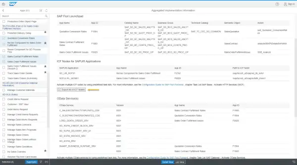 Lista aplikacji Fiori z modułu Sales Order Fulfillment, z opcją eksportu węzłów ICF.