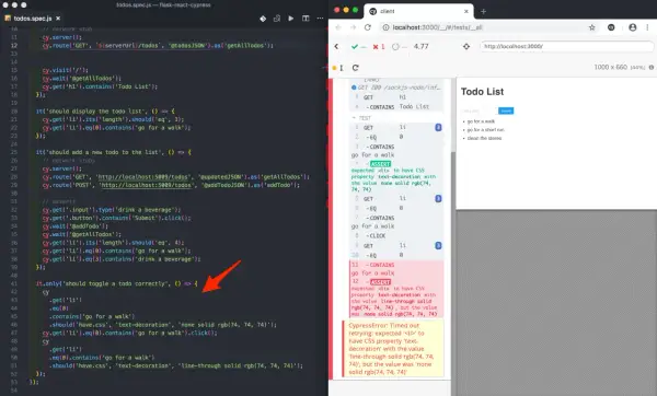 Cypress test w języku polskim: `cypress co to`? Test sprawdza, czy element listy `<li>` ma styl `text-decoration: line-through`.