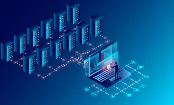 Serwery połączone z laptopem, na którym człowiek analizuje dane. To ilustracja tego, co to jest big data – ogromne zbiory informacji.