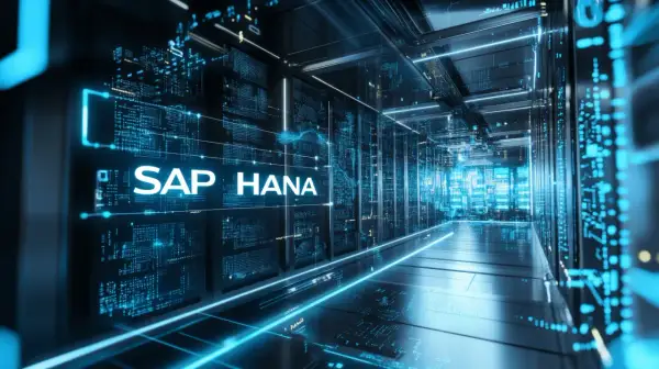 Wirtualny korytarz serwerowni z neonowym napisem SAP HANA, symbolizującym potęgę SAP BTP w cyfrowym świecie.
