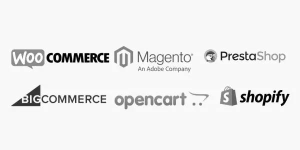 Loga platform e-commerce: WooCommerce, Magento, PrestaShop, BigCommerce, OpenCart, Shopify.