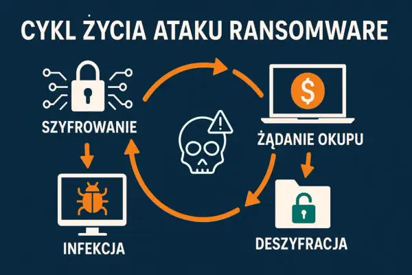 Cykl życia ataku ransomware: szyfrowanie, infekcja, żądanie okupu, deszyfracja. Zrozumienie tego cyklu jest kluczowe w walce z atakami ransomware w Polsce.
