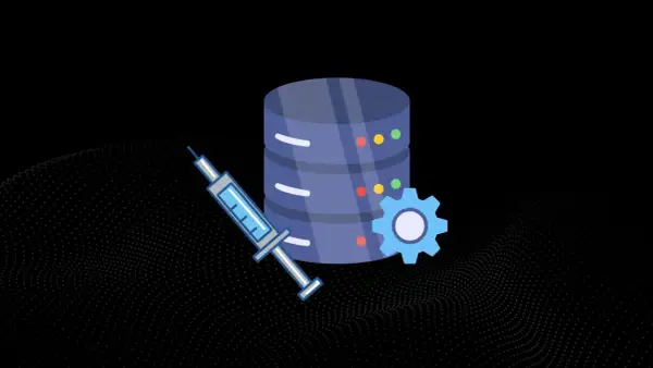 Ilustracja przedstawia strzykawkę obok bazy danych i koła zębatego, symbolizując zagrożenia związane z sql injection.
